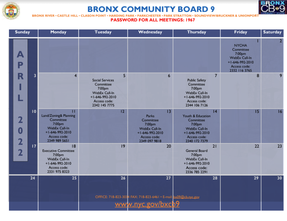 April 2022 Calendar - Bronx Community Board 9