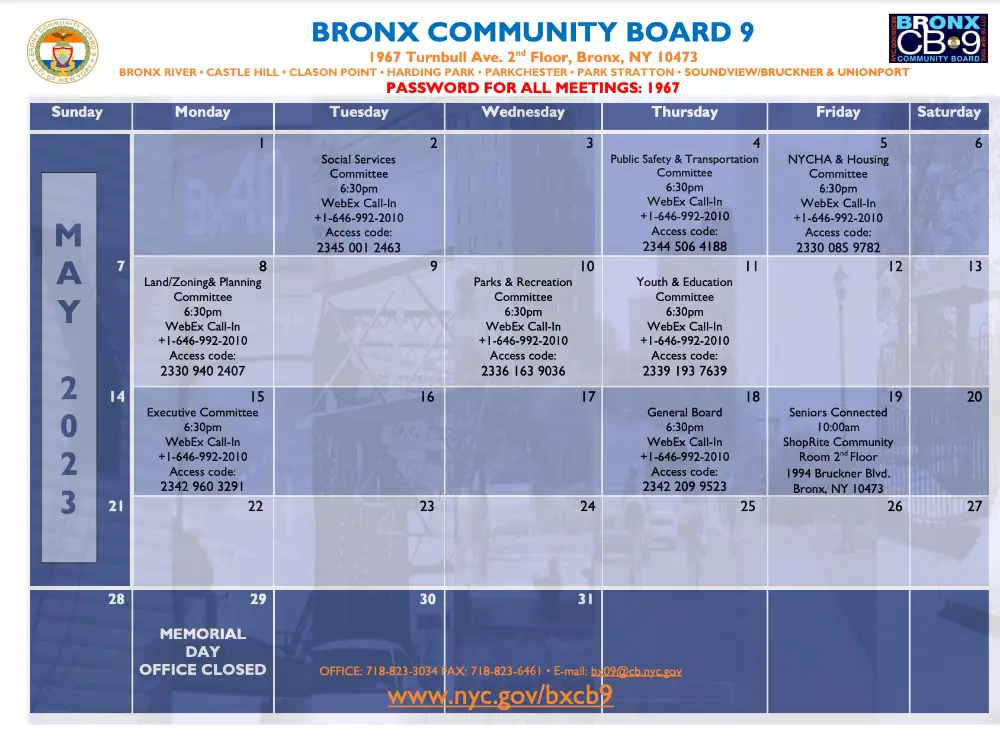 Bronx Community Board 9 Calendar May 2023 Bronx Community Board 9 Calendar May 2023