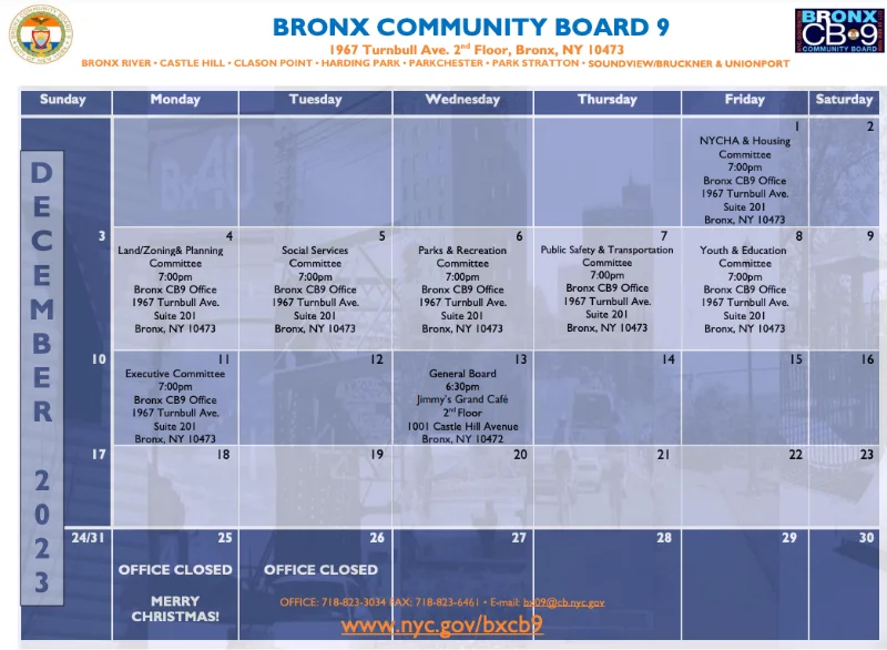 Bronx Community Board 9 Calendar, December 2023